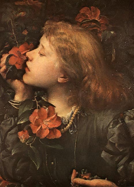 Camellia and Young Person | MBolly A young person with red hair gently smells a vibrant red camellia flower, reflecting the artistry of costume design.